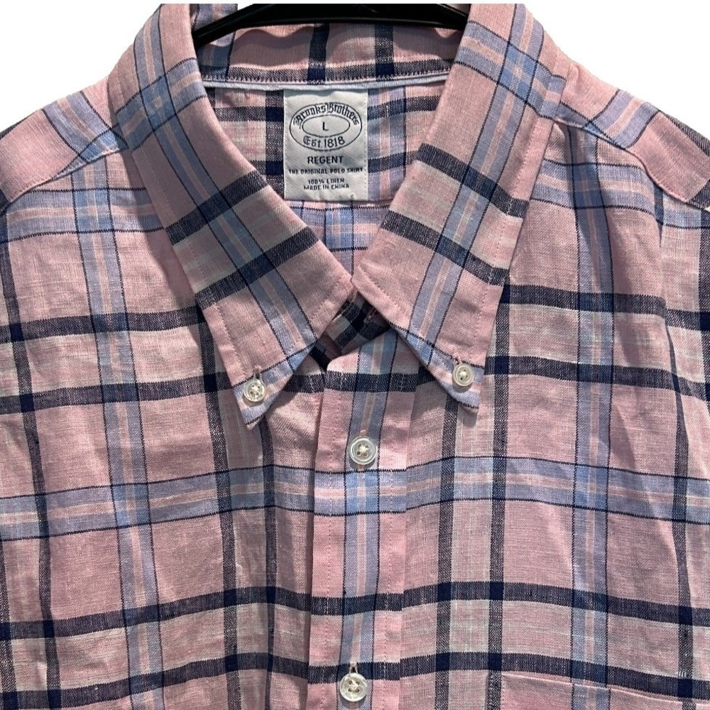 Brooks Brothers Linen‎ Shirt Large Mens Pink Blue Plaid Regent Baird McNutt L/S